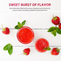 Soeos popping boba in bubble tea glass adding fruity bursts and color