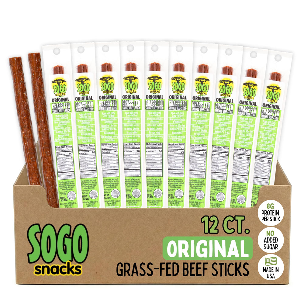 Sogo Snacks front packaging shows 12-pack and clean-ingredient benefit
