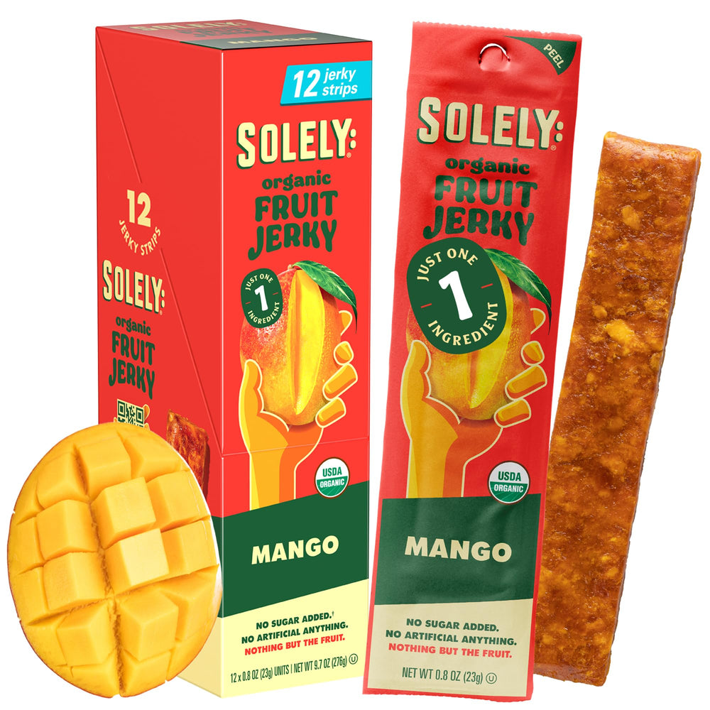 Solely front packaging showing organic mango fruit jerky benefits