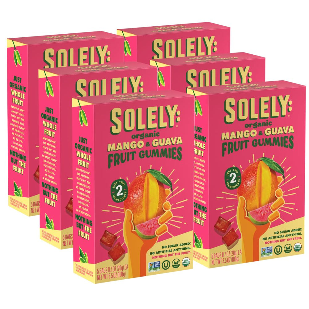 SOLELY front packaging showing mango and guava and clear ingredient promise
