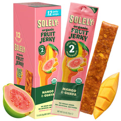 SOLELY front packaging showing mango guava fruit jerky, highlights clean ingredients