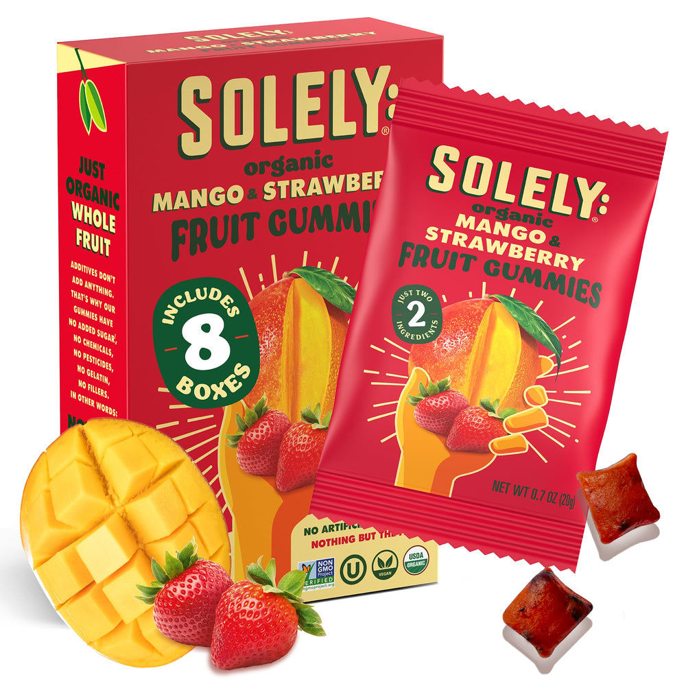 SOLELY front packaging showing mango strawberry flavors and clean ingredients benefit convenience