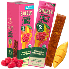 SOLELY front packaging showing box of 12 fruit strips and benefits