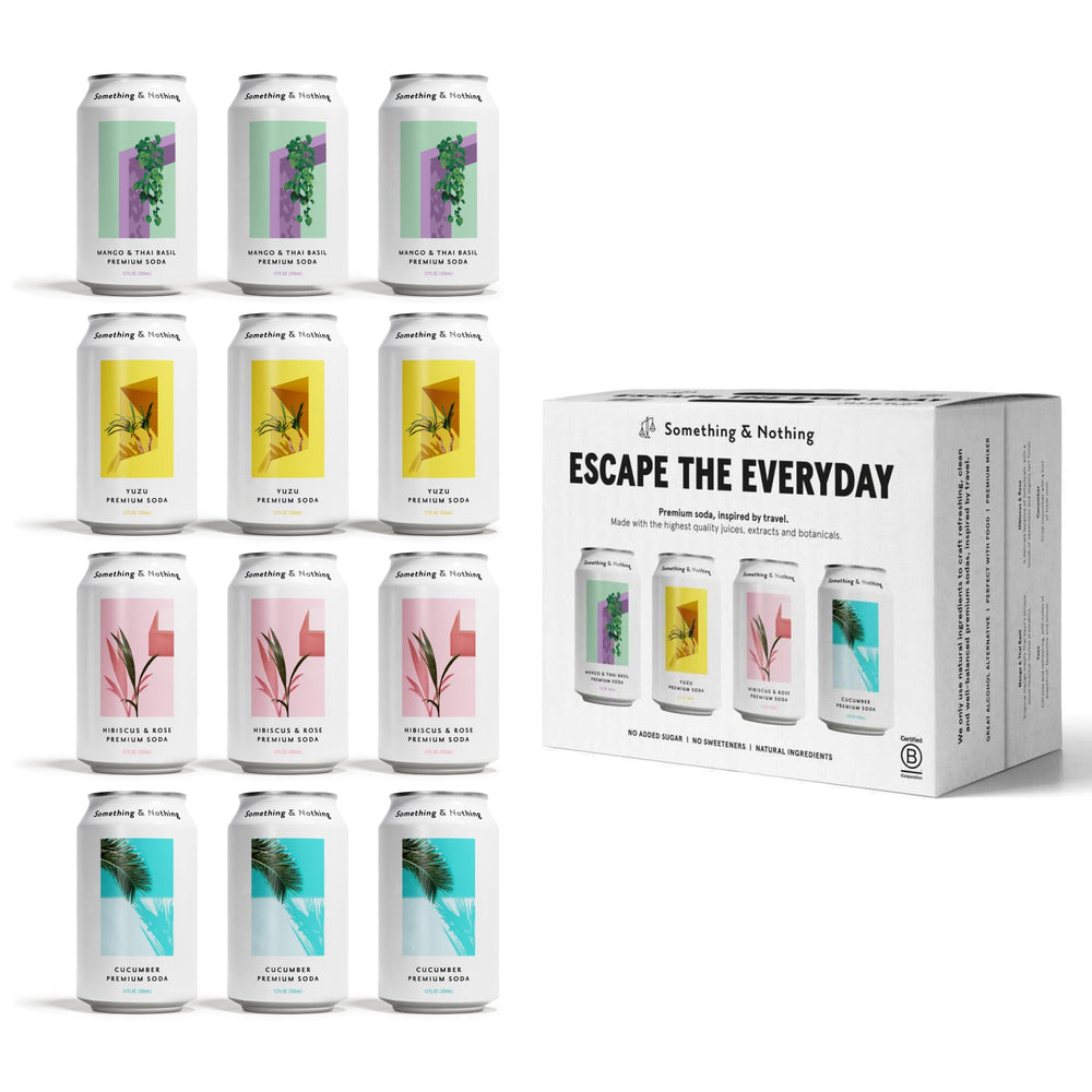 Something & Nothing front pack shot showing all four flavors and convenient 12-pack benefits
