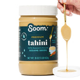 Soom tahini front label showing jar and brand, clear ingredient quality