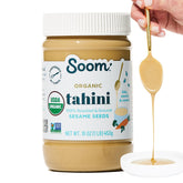Soom jar front view showing organic tahini label and clean packaging benefit