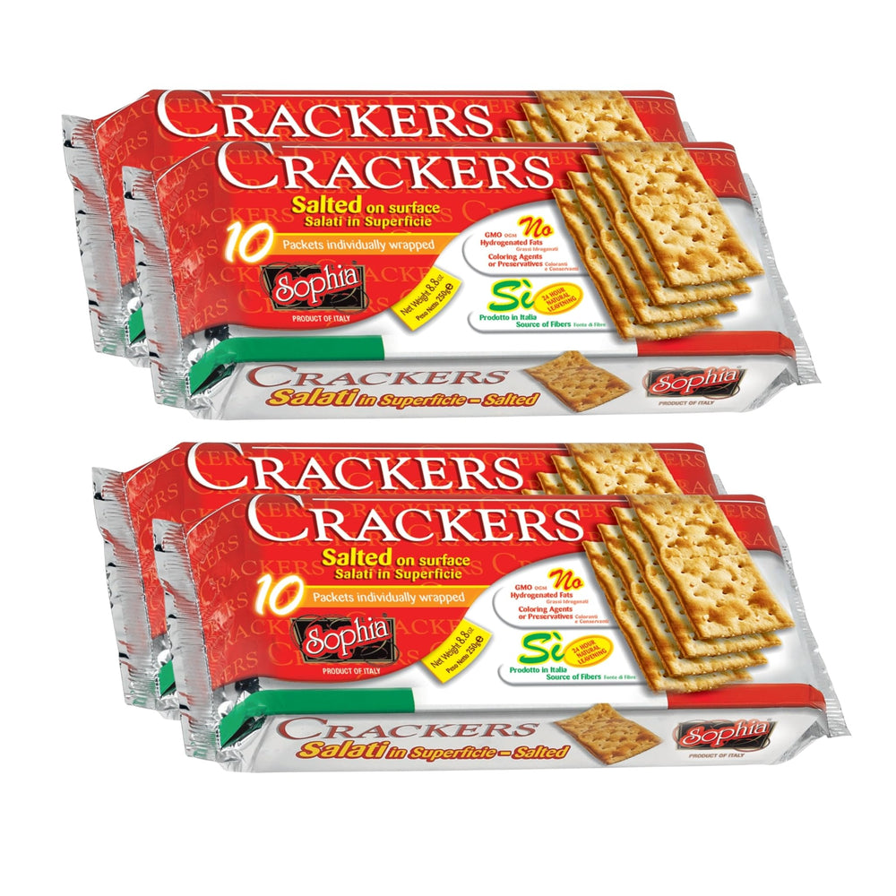 Sophia cracker front packaging shows four sealed 8.8oz bags and clear branding for convenience