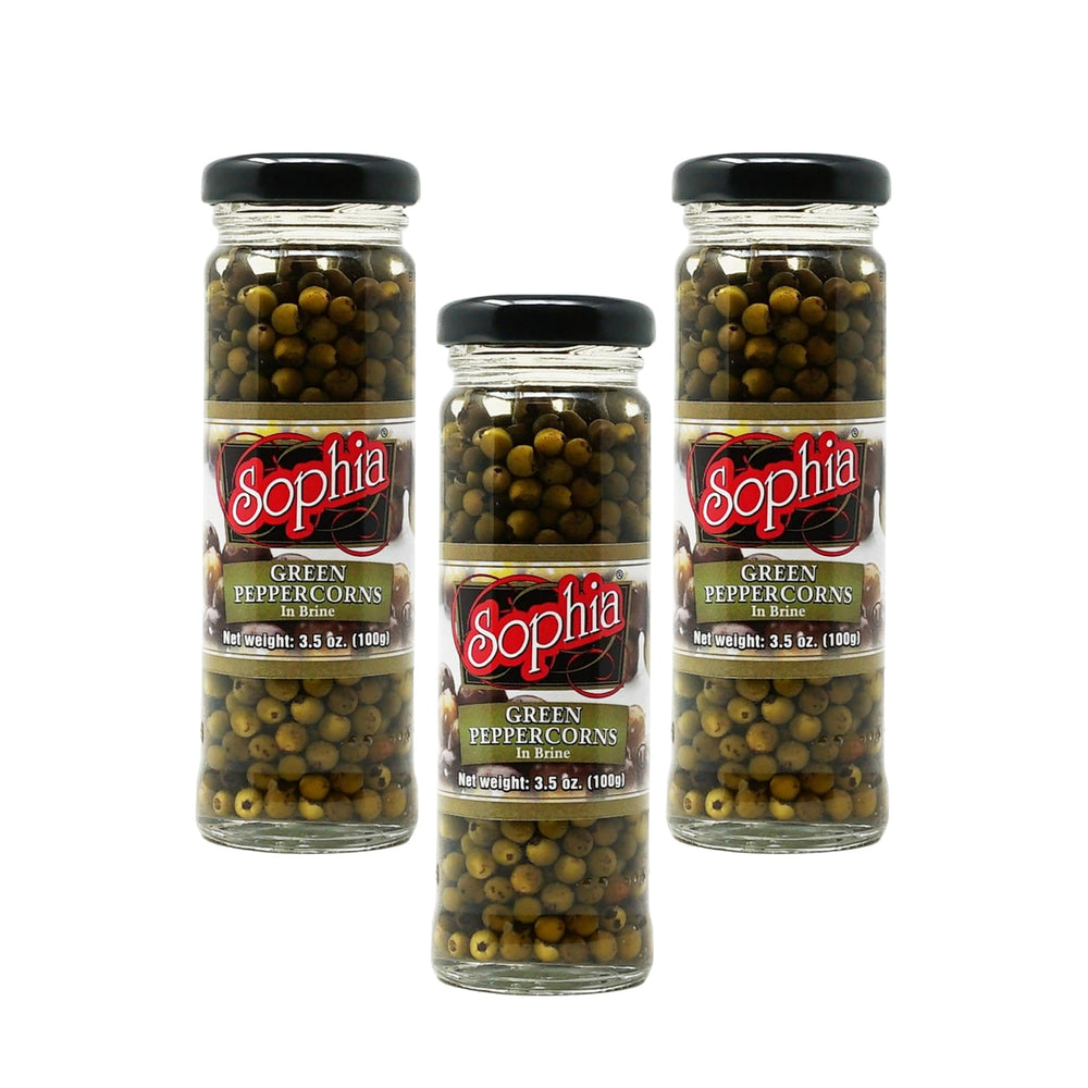 Sophia jar front view showing label and brined peppercorns, ideal for pantry use