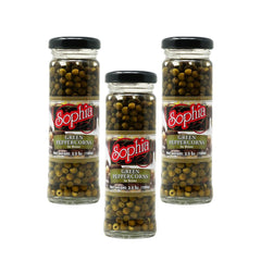Sophia jar front view showing label and brined peppercorns, ideal for pantry use