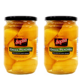 Sophia jar front view showing label and whole peach halves, highlighting authenticity