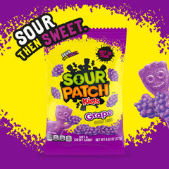 SOUR PATCH KIDS held in hand to show grape gummy size for portioning