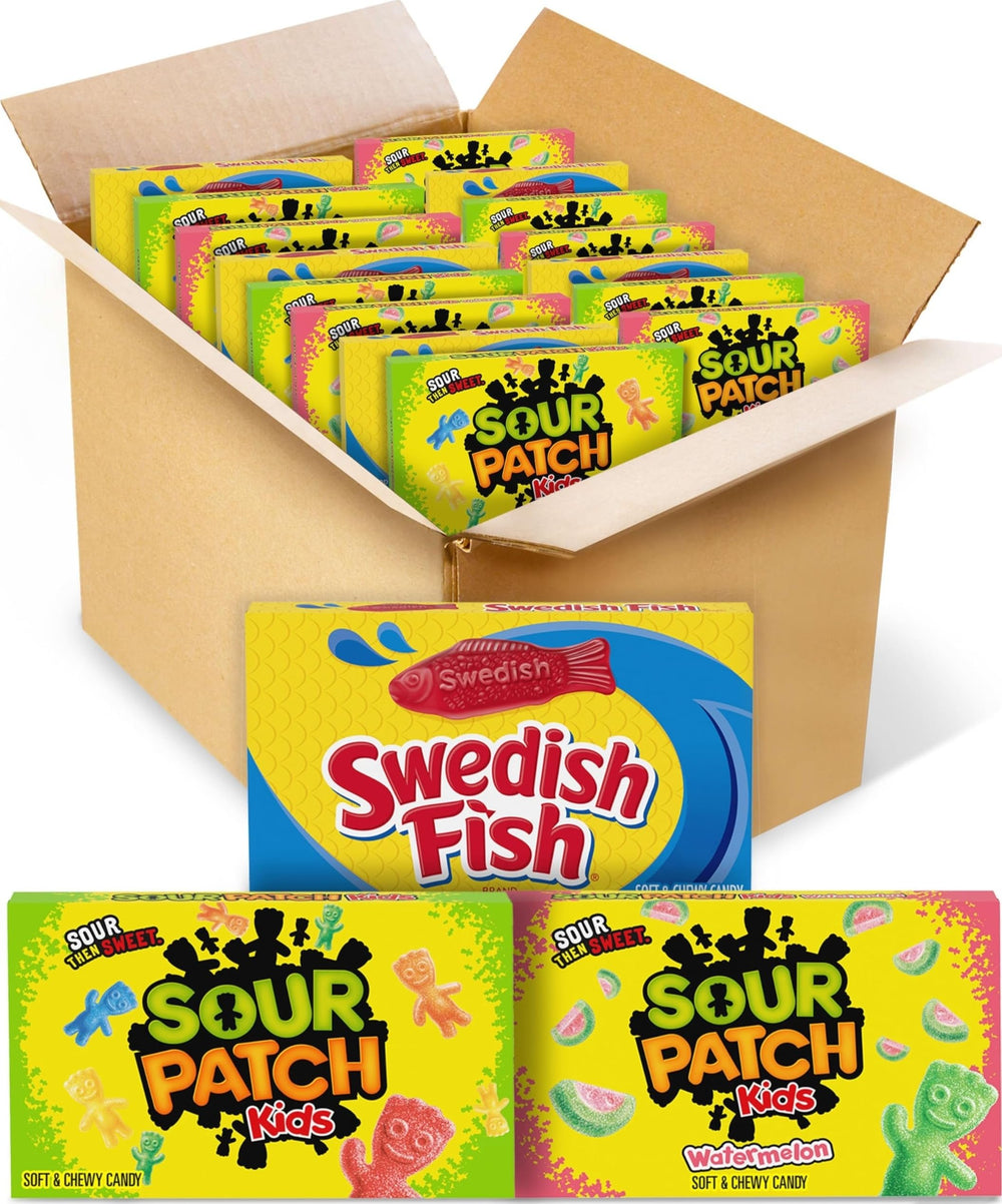 Sour Patch Kids and Swedish Fish front packaging showing variety and portability benefit