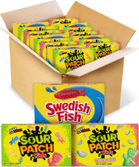Sour Patch Kids and Swedish Fish front packaging showing variety and portability benefit