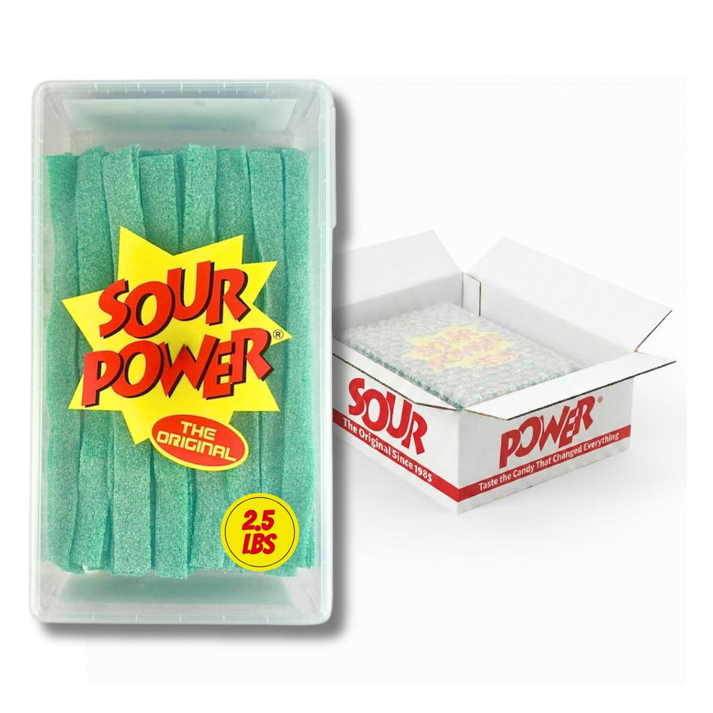 Sour Power front tub showing green apple belts and resealable lid, clear branding benefit