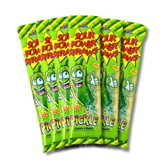 Sour Power front packaging showing six pickle straw packs and brand appeal