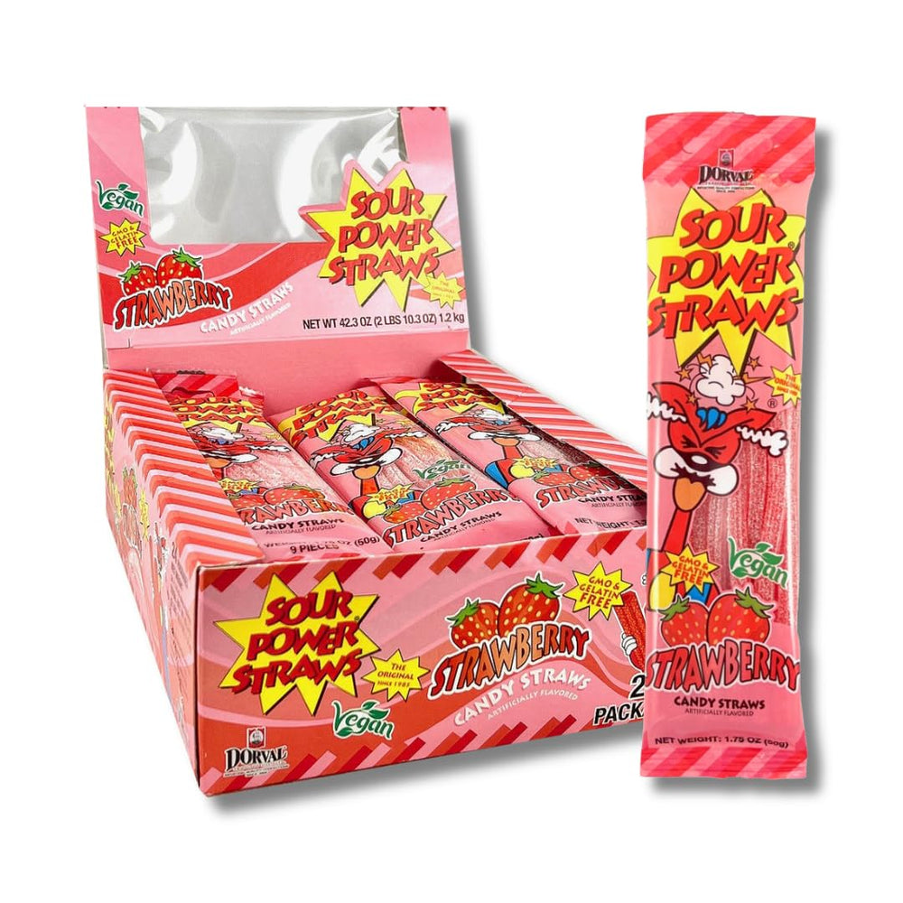 Sour Power tub front showing strawberry straws and bright packaging benefit