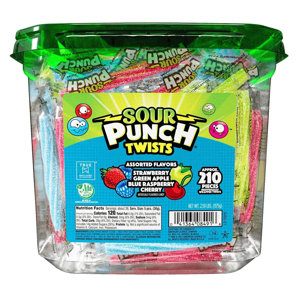 Sour Punch front tub view showing twists and resealable lid for easy sharing
