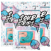 SOUR STRIPS front packaging showing three 3.4 oz bags and colorful cotton candy belts for easy identification and freshness