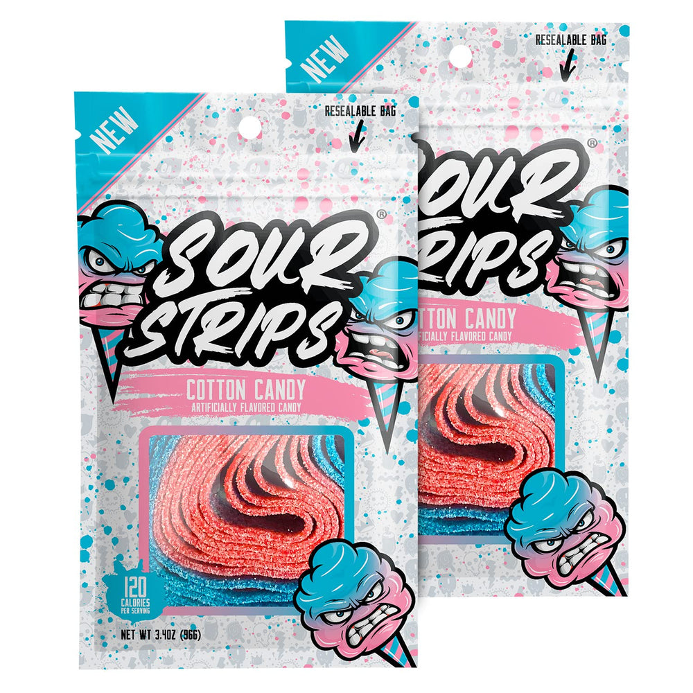 SOUR STRIPS front packaging showing cotton candy flavor and resealable bag benefit