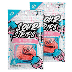 SOUR STRIPS front packaging showing cotton candy flavor and resealable bag benefit