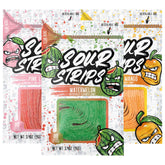 SOUR STRIPS front packaging showing tropical sampler and resealable pouch, convenient portability