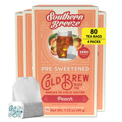 Southern Breeze front packaging showing peach iced tea and pack of four for pantry convenience