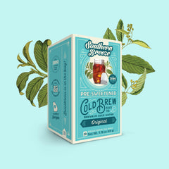 Southern Breeze tea bag close-up showing leaf blend and pre-sweetened sachet