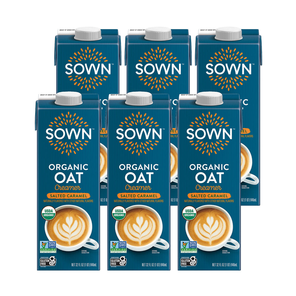 SOWN front packaging showing salted caramel oat creamer benefits