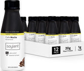 Soylent front packaging showing cafe mocha bottle and label benefit balanced nutrients