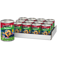 SpaghettiOs can front packaging showing football pasta and meatballs benefit convenience