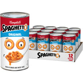 SpaghettiOs front can showing label and o-shaped pasta, brand convenience