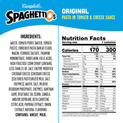 SpaghettiOs open can with o-shaped pasta visible, convenient ready-to-heat meal
