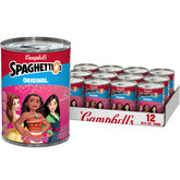 SpaghettiOs can front packaging showing Disney Princess shapes and family-friendly appeal