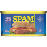 SPAM front packaging showing twelve 7 oz cans, convenient pantry protein