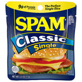 SPAM front packaging showing brand and single-serve pouch for convenient meals