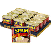 SPAM can front view showing Hormel bacon blend and easy meal benefit