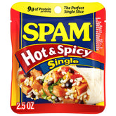 SPAM Hot & Spicy front packaging shows spicy pork singles and convenience benefit