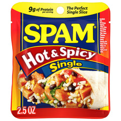 SPAM Hot & Spicy front packaging shows spicy pork singles and convenience benefit