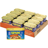 SPAM less sodium front packaging shows label and 12-pack convenience