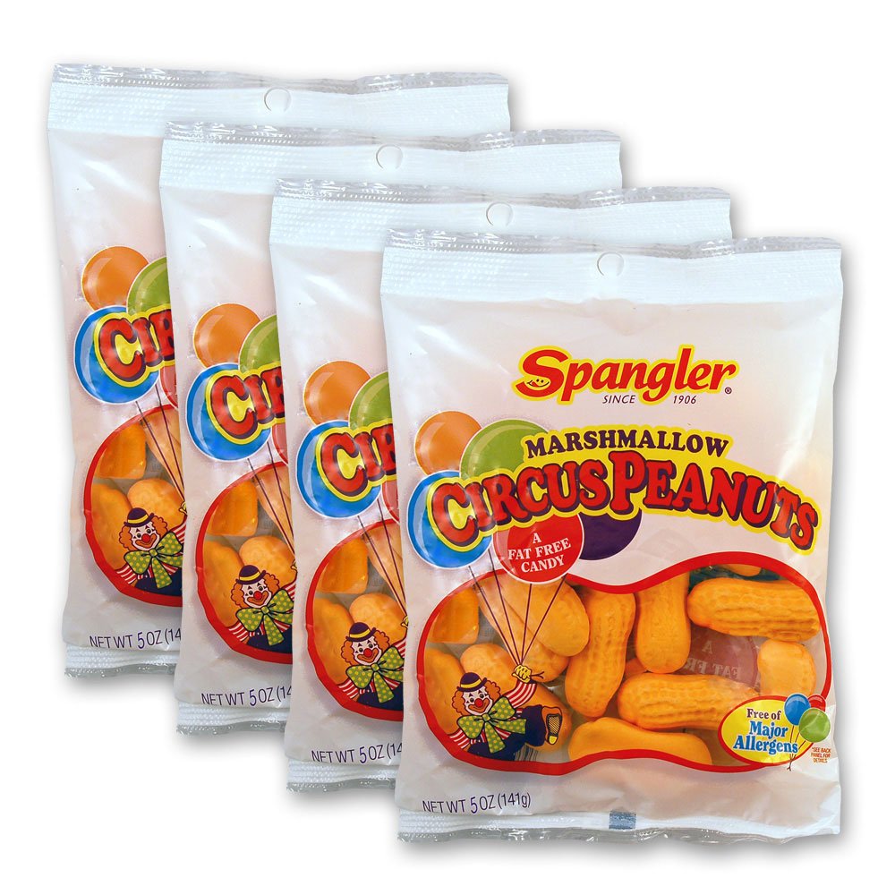 Spangler Circus Peanuts front packaging showing bright bag and snack appeal