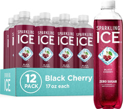 Sparkling Ice front packaging showing twelve black cherry bottles and convenience