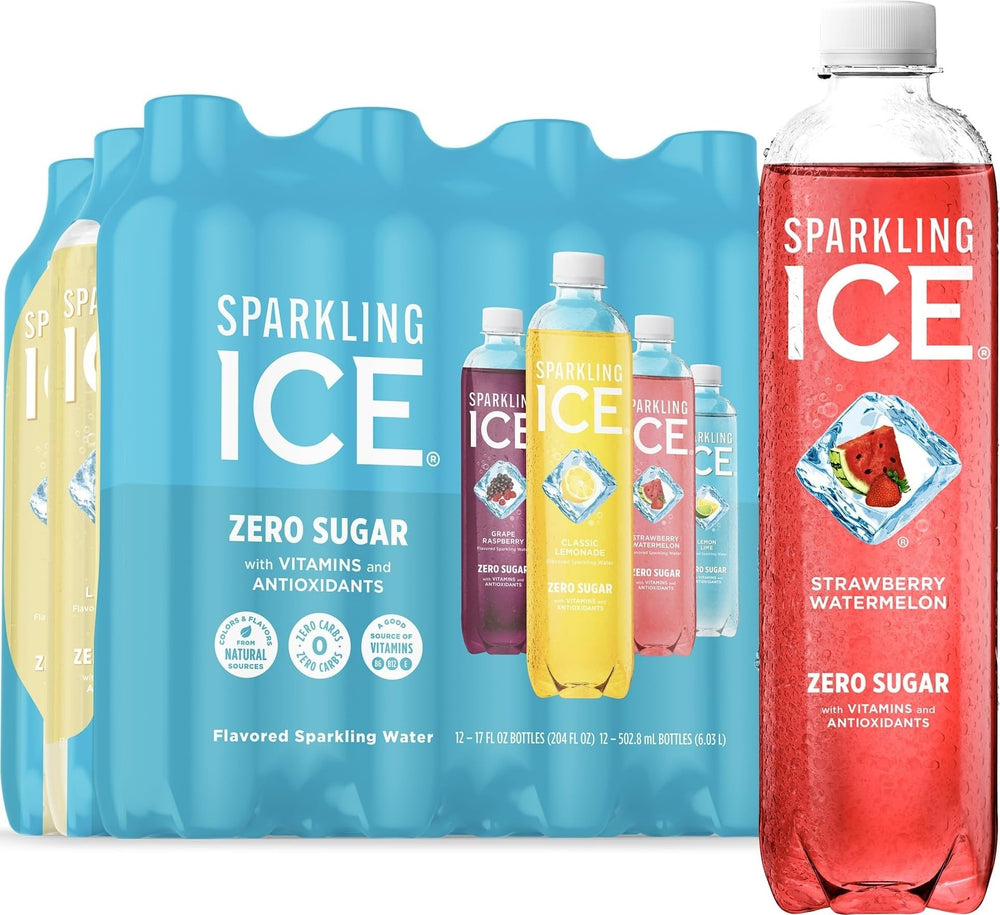 Sparkling Ice front pack showing four-flavor variety and recyclable bottle benefit