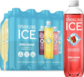 Sparkling Ice front pack showing four-flavor variety and recyclable bottle benefit