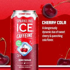 Sparkling Ice close-up of Cherry Cola can label showing caffeine and zero sugar benefits
