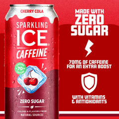 Sparkling Ice open Cherry Cola can with visible bubbles showing energizing fizz benefit