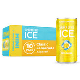 Sparkling Ice front pack of 10 mini cans showing label and bright lemonade look, refreshing choice