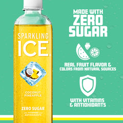 Sparkling Ice coconut pineapple pouring into glass with bubbles for refreshing fizz