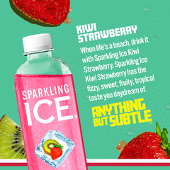 Sparkling Ice bottle close-up label displaying kiwi strawberry name and vitamin callouts