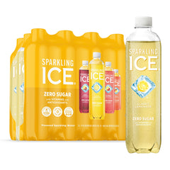 Sparkling Ice 12-pack front view showing lemonade variety, brand refreshment benefit