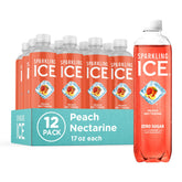 Sparkling Ice front packaging showing 12 bottles and peach nectarine flavor benefits